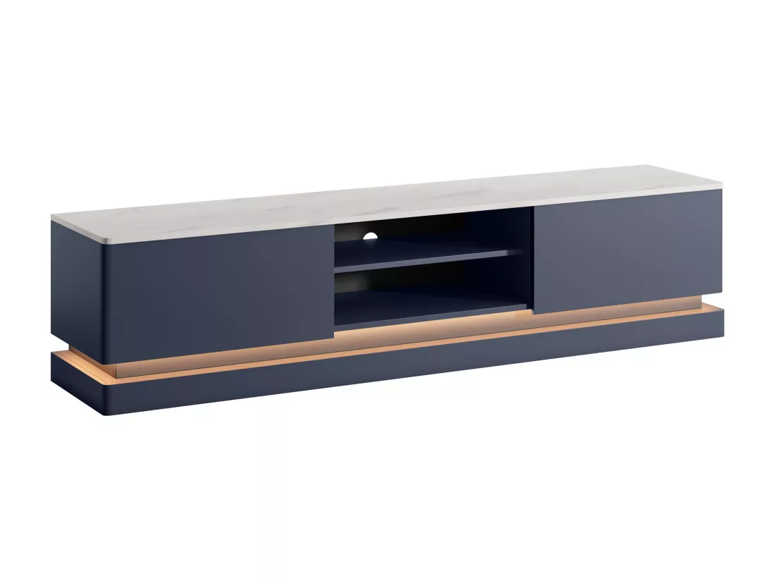 Meuble TV 2 tiroirs et 2 niches avec LEDs en MDF - Bleu et effet marbre blanc - DEVIKA de Pascal MORABITO