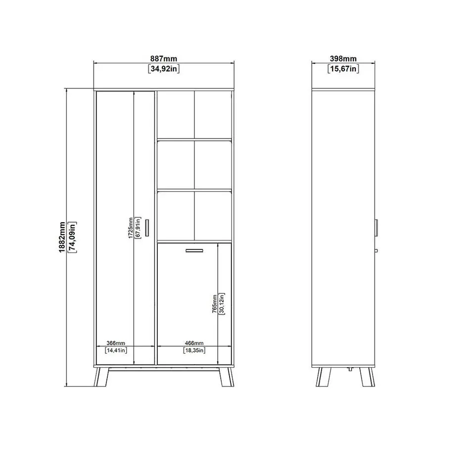 Hioshop Ikast vitrinekast 2 deuren- 3 planken eiken decor- wit