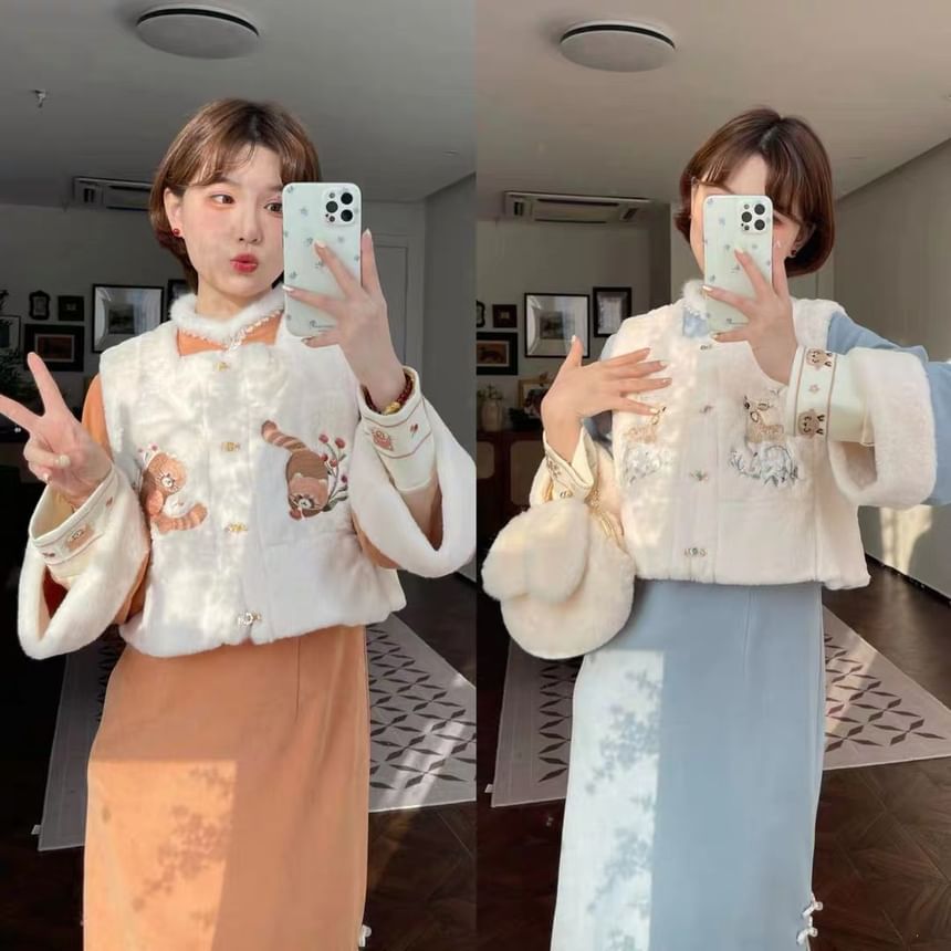 Fioridi - Cartoon geborduurd fleece vest met knopen / lange mouwen midi qipao / set
