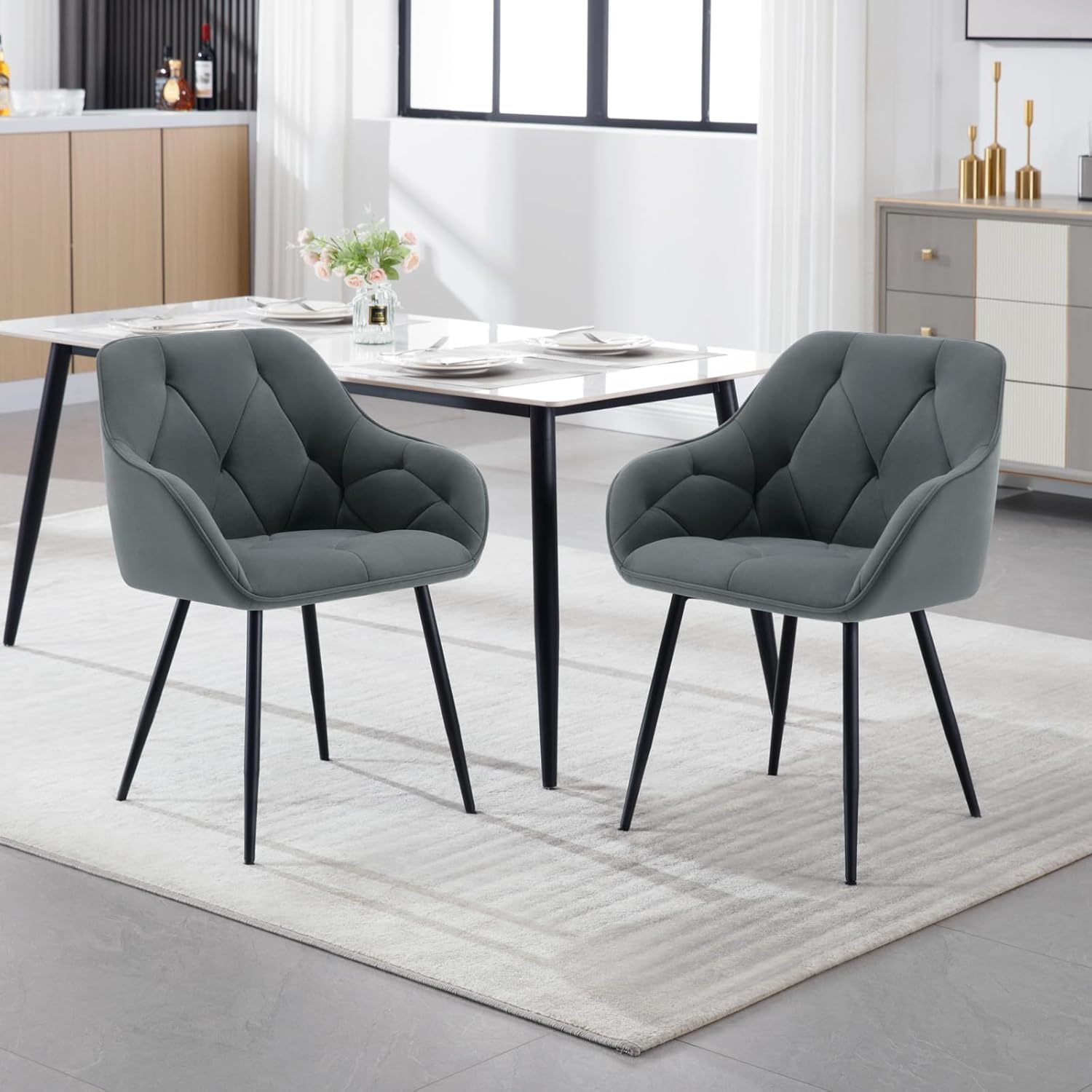 WOLTU Esszimmerstühle 2er Set, für Esszimmer Wohnzimmer, ergonomische Küchenstühle gepolstert mit Armlehnen, Metallbeinen, Sitzfläche aus Samt, Dunkelgrau