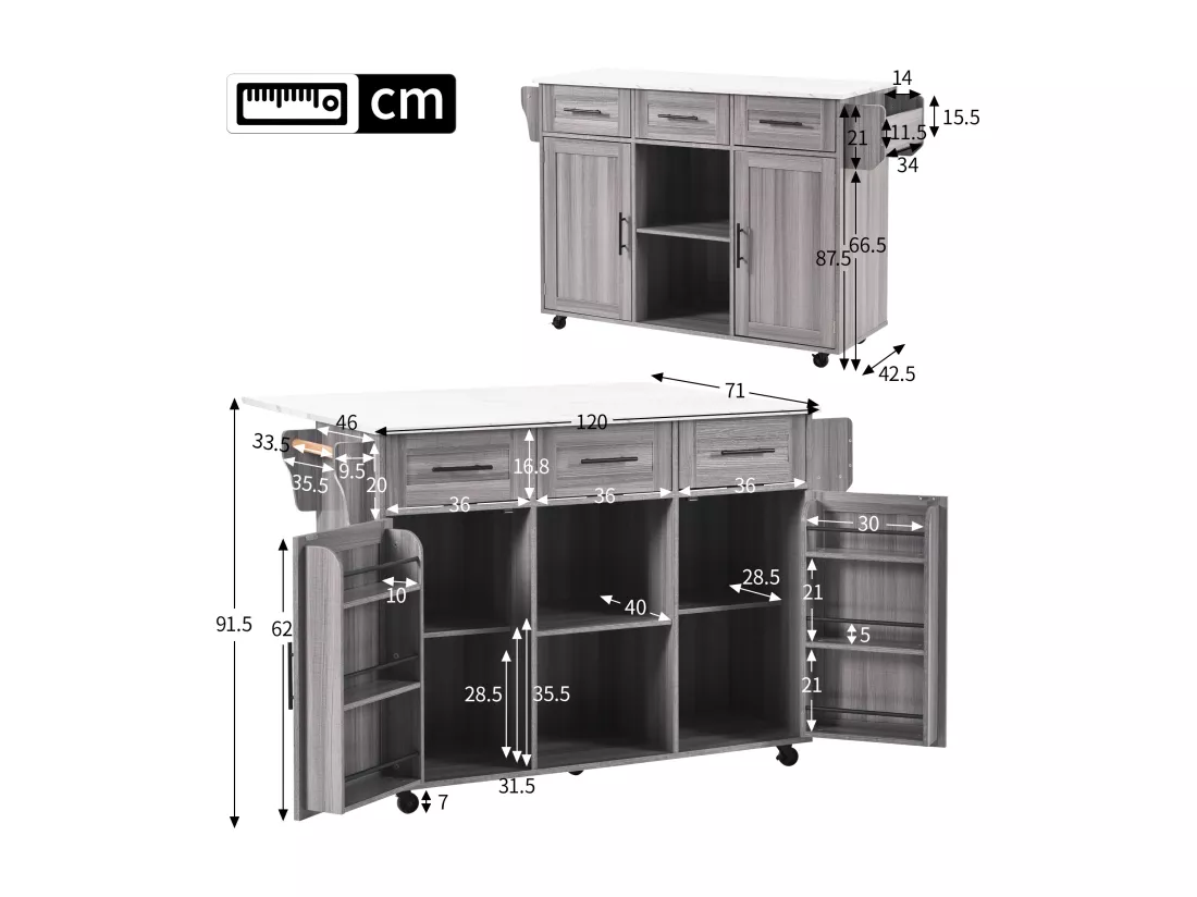 Ilot central de cuisine mobile avec 2 portes et 3 tiroirs - plateau extensible - 129x46/71x91,5 cm - Bois MDF + métal - Gris+ blanc
