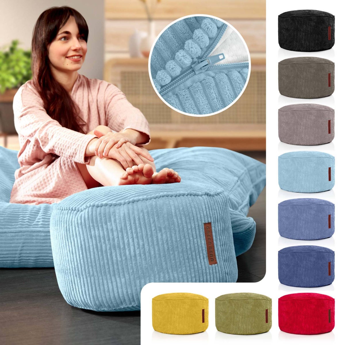Groene bonen poef kussen 45x25cm met EPS kralen vulling & corduroy stof vloerkussen ligstoel kussen zitkussen poef fauteuil kinderen volwassenen stoffen kruk opbergruimte lichtblauw