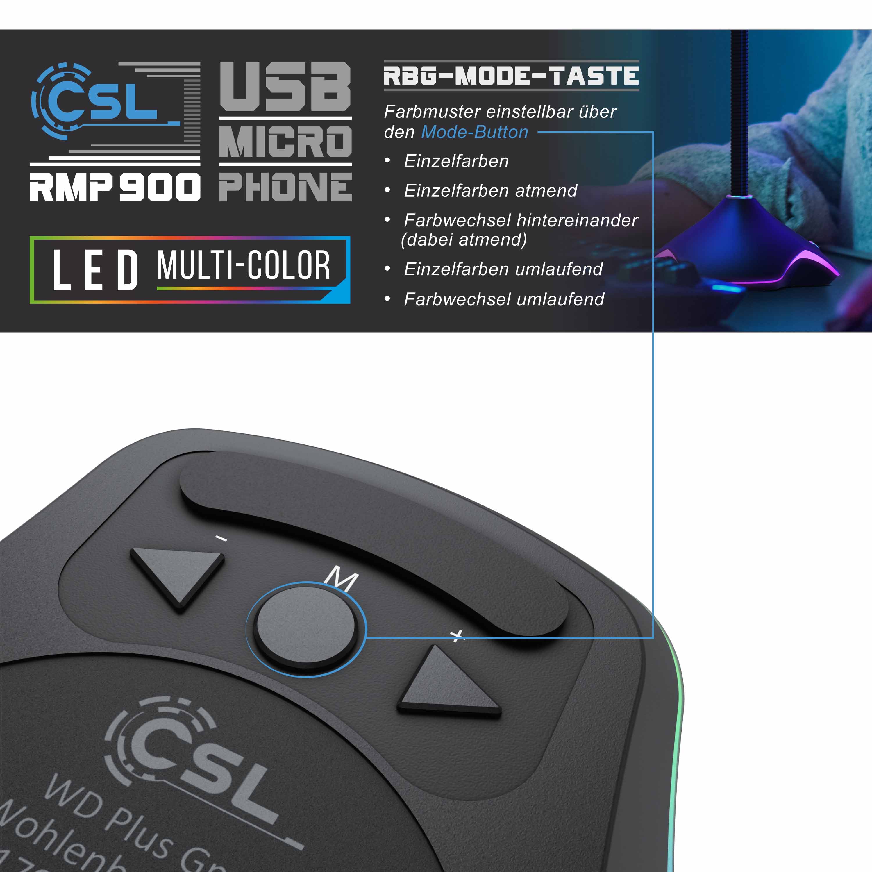 CSL USB Desktop Mikrofon mit RGB Beleuchtung RMP 900 Tischmikrofon / Standmikrofon