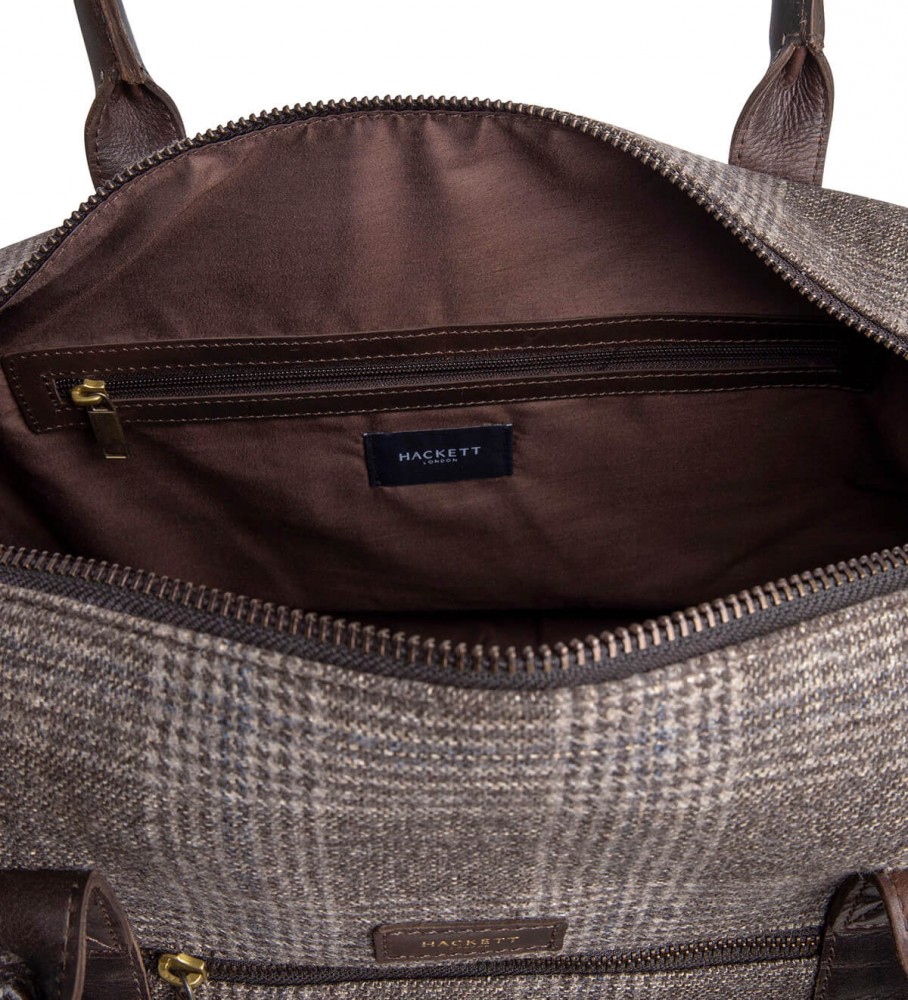 Bolsa de fim de semana Hackett Truro Tweed em couro marrom
