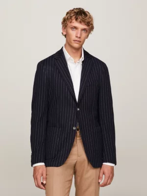 Blazer slim de malha risca de giz com abotoamento simples