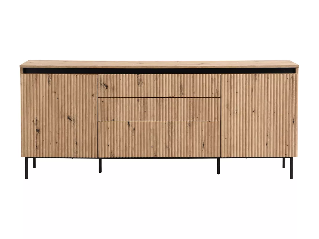 Buffet 2 portes et 3 tiroirs en MDF et métal - Avec LEDs - Naturel et Noir - VIDALEO