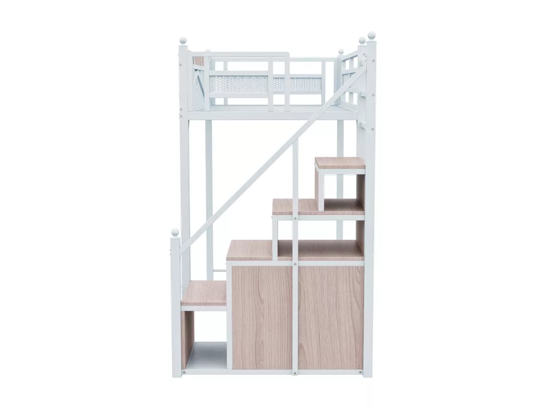 Lit mezzanine en métal 90x200cm - avec échelle de rangement - Blanc (matelas non inclus)