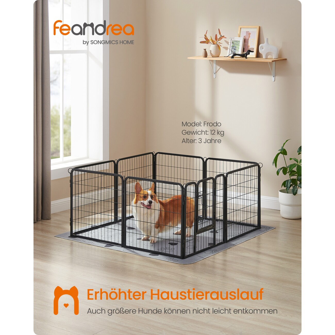 FEANDREA L-XXL Hundezaun 8 Platten transportabel schwarz 1,2 m, 1,2 m, 60 cm