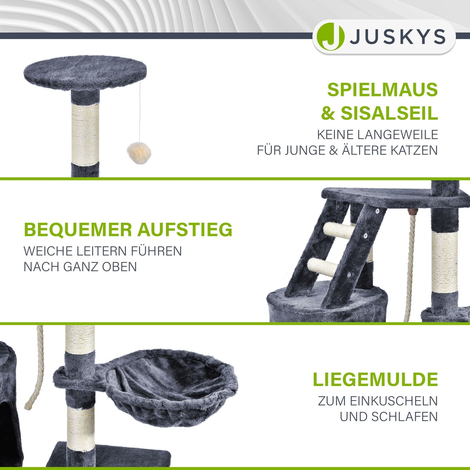 Juskys Kratzbaum Buffy grau – Katzenbaum mit Höhle, Liegemulde, Liegeflächen & Sisal-Stämme
