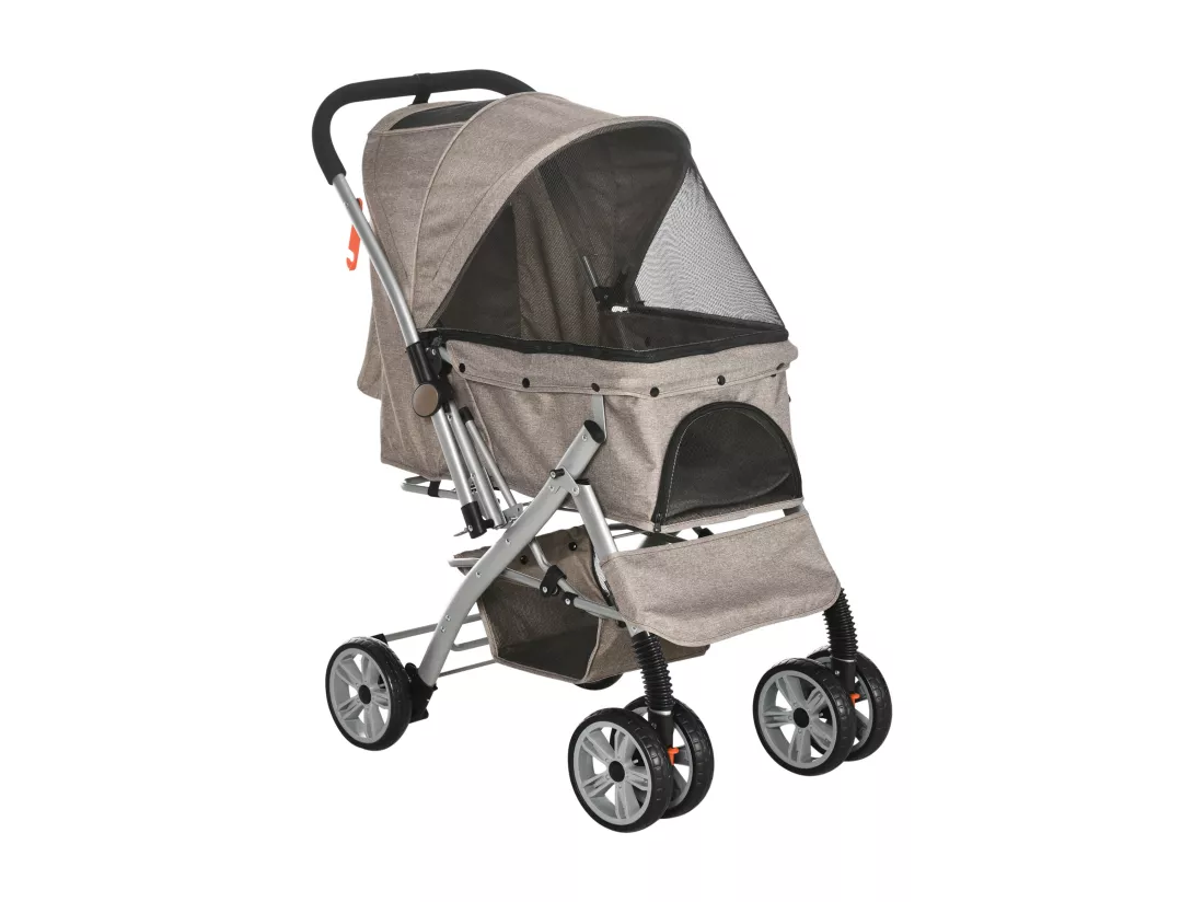 Poussette buggy pliable chien chat panier et sac de rangement attaches sécurité housse réglable poignée réversible acier Oxford marron chiné noir