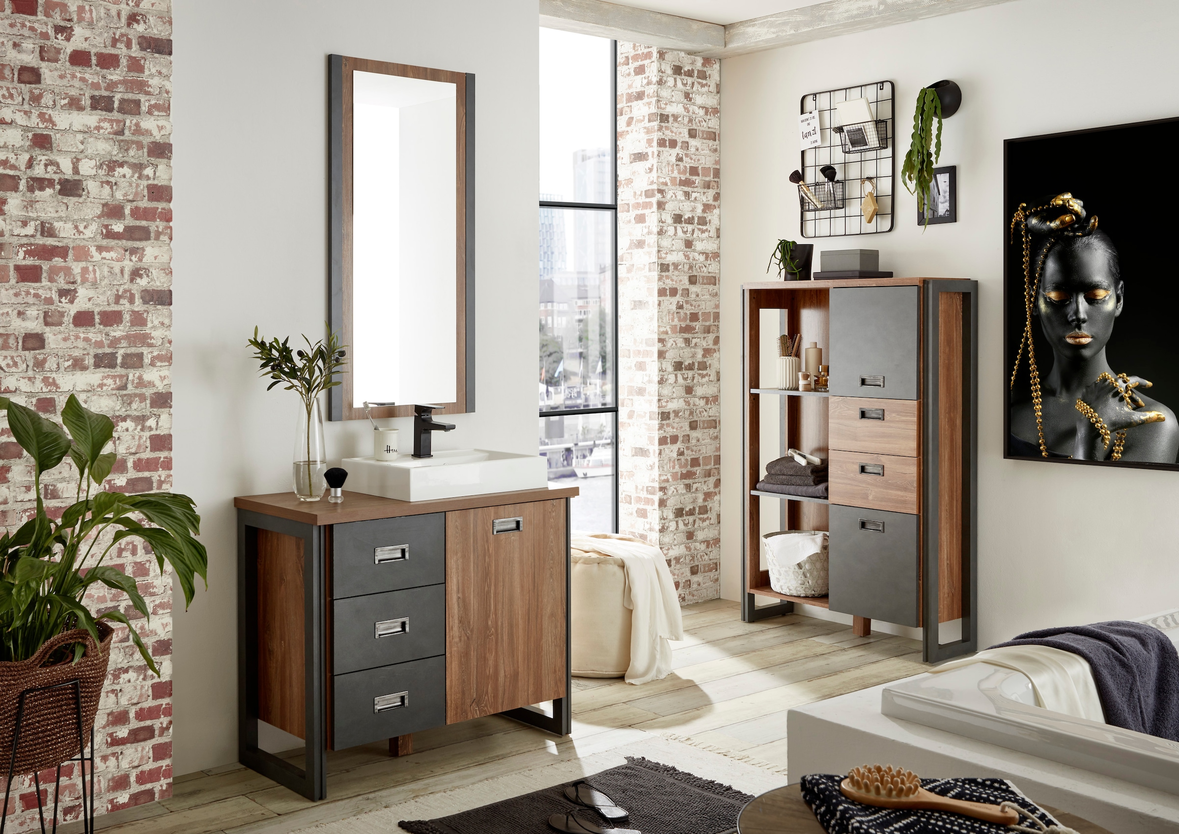 Home affaire Waschtisch »Detroit, Unterschrank mit Apothekergriff, Badschrank, Industrialdesign« Eiche Dekor, mit Stauraum, inkl. Mineralguss-Waschbecken, Breite 91 cm