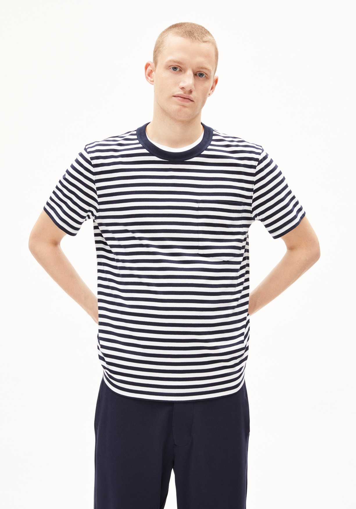 Armedangels T-Shirt Maarkos Pocket Stripes Night Sky-Broken White