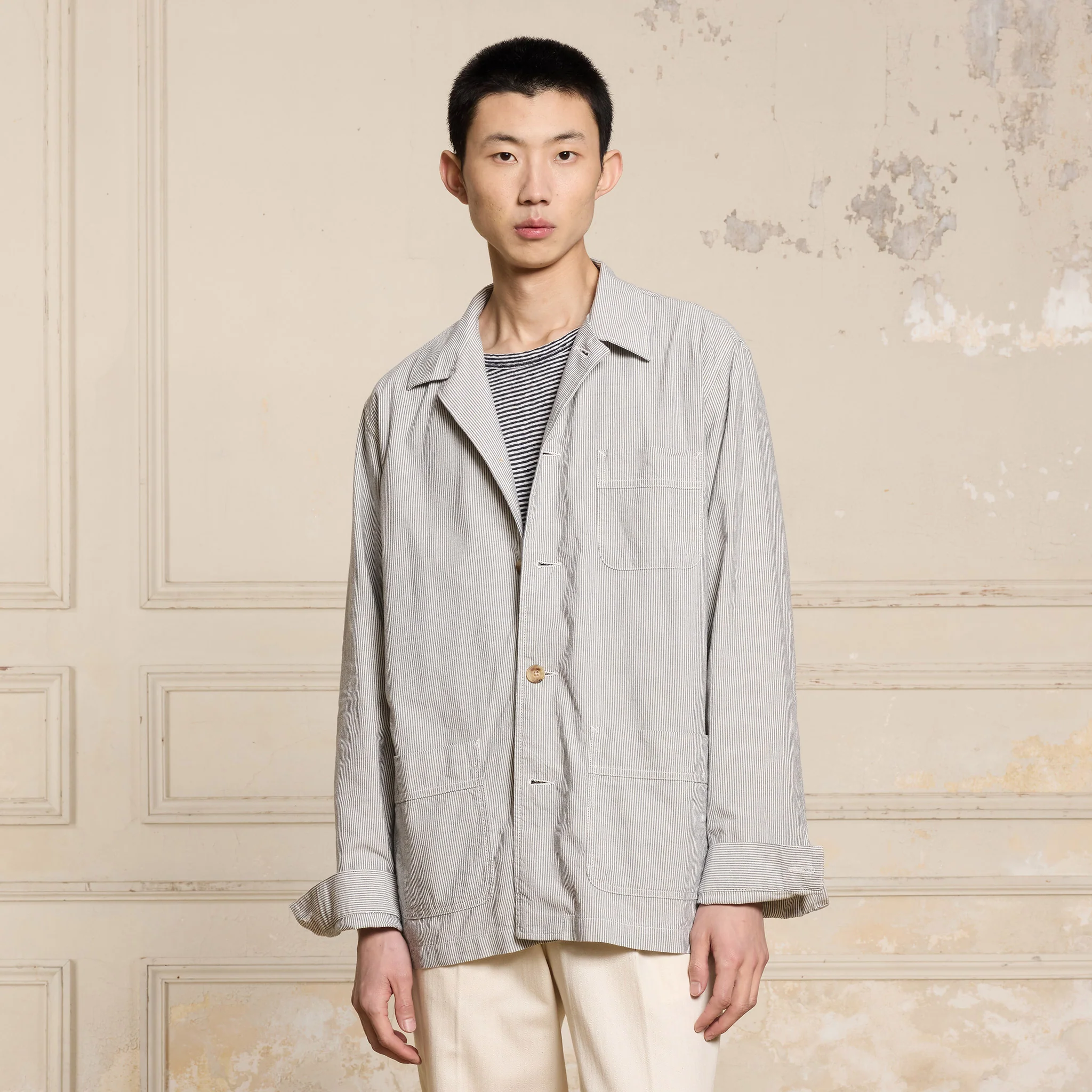 Blue and ecru striped work jacket