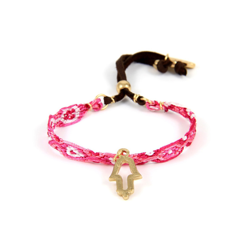 Ettika - Bracelet d'Amitié Hamsa en or jaune et Coton Tressé Rose