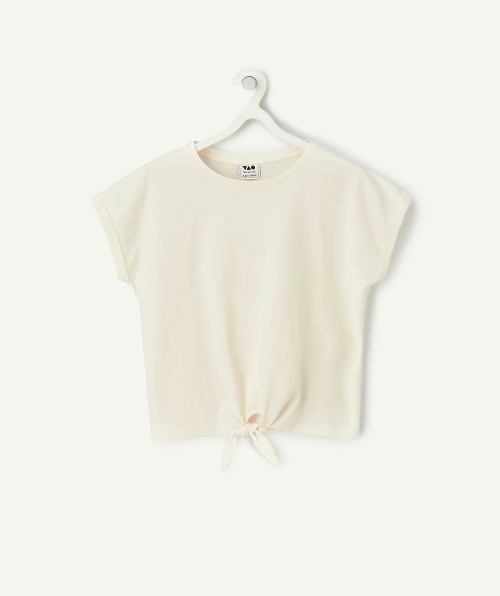 t-shirt manches courtes fille en coton bio écru avec noeud