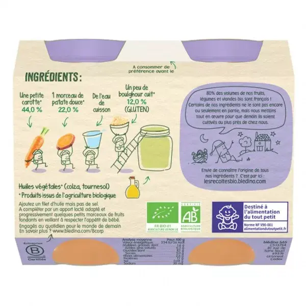 Blédina Colheitas Orgânicas em Vaso: Cenouras, Batatas Doces e Bulgur +8m (2 x 200g)