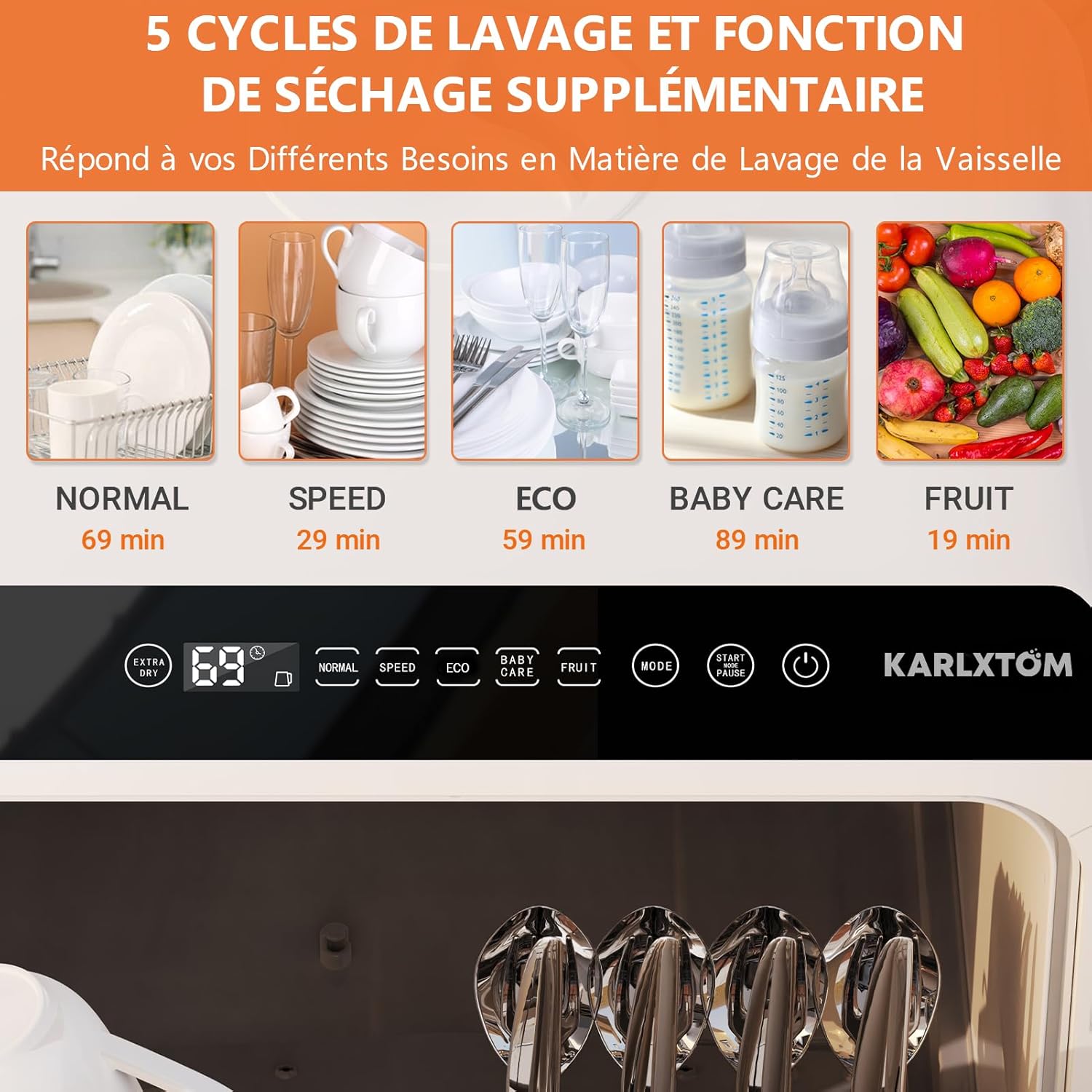 Karlxtom Lave-vaisselle de table, Mini Lave-vaisselle avec Comman destactiles à LED, 45CM, 6 Programmes, Lavage des fruits, Soins Pour Bébés