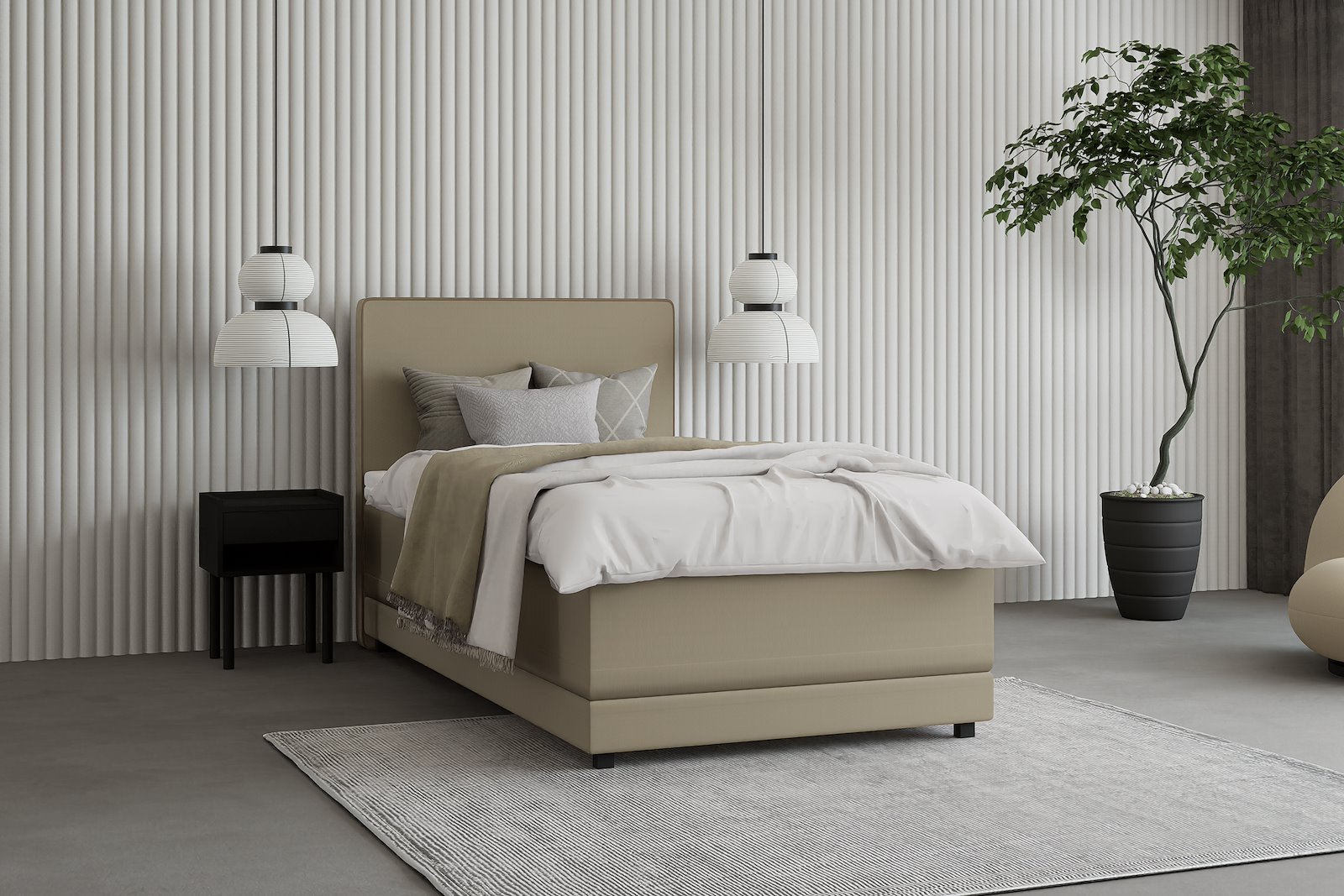 Premium 10 regulerbar seng 90x210 cm Tekstil Storm 09 mørk beige, medium, Premium 10 overmadrass med sorte ben, gavl selges separate.