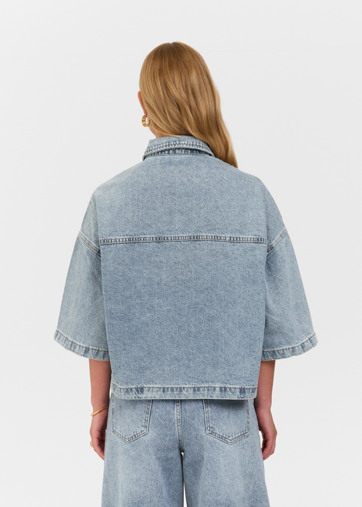 Denim blouse korte mouw sea blauw