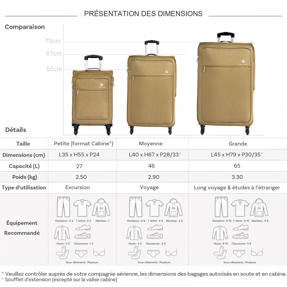 David Jones Lot de 3 valises souples extensibles dont 1 cabine David Jones