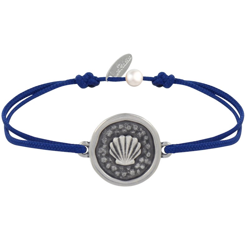 Bracelet Lien Médaille Ronde Laiton Argenté Coquillage - Bleu Navy