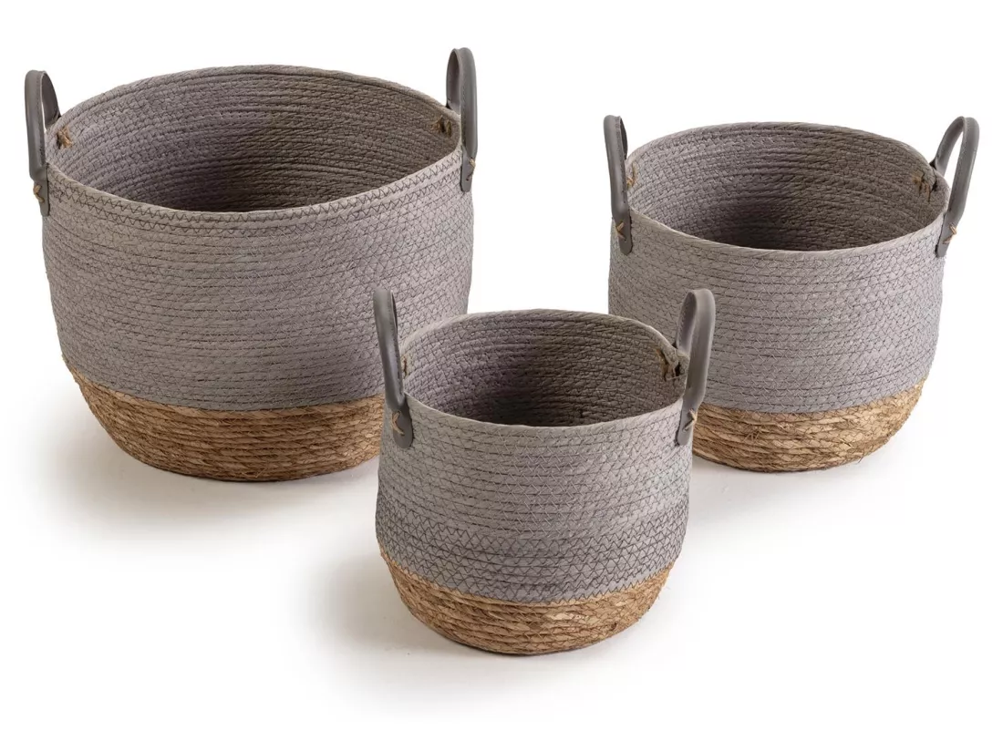 Set de 3 paniers Neves fibre naturelle et papier, gris/naturel