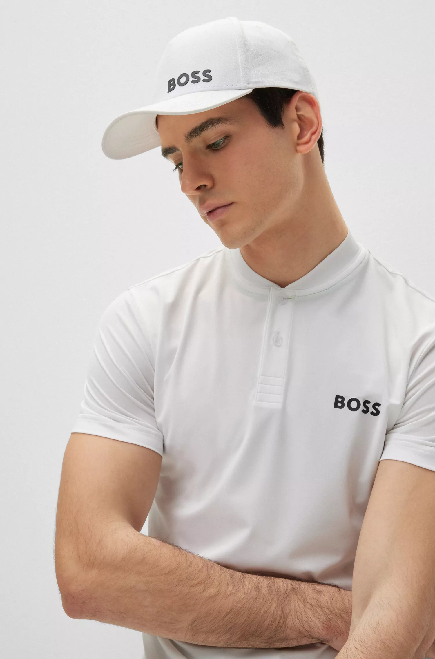Camisa polo slim fit BOSS Green-BOSS x Matteo Berrettini com gola estilo bomber.