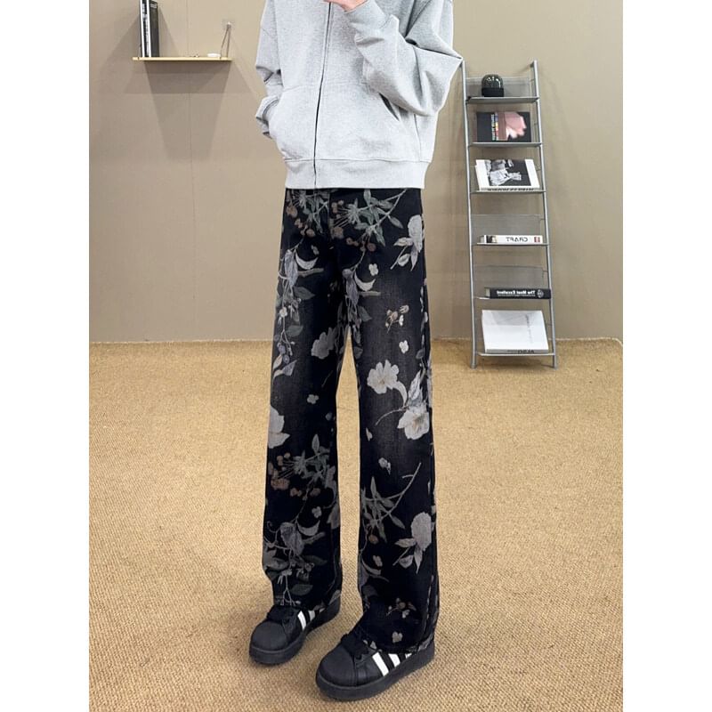 Freehop - Mid Rise Washed Floral Print Straight Leg Jeans