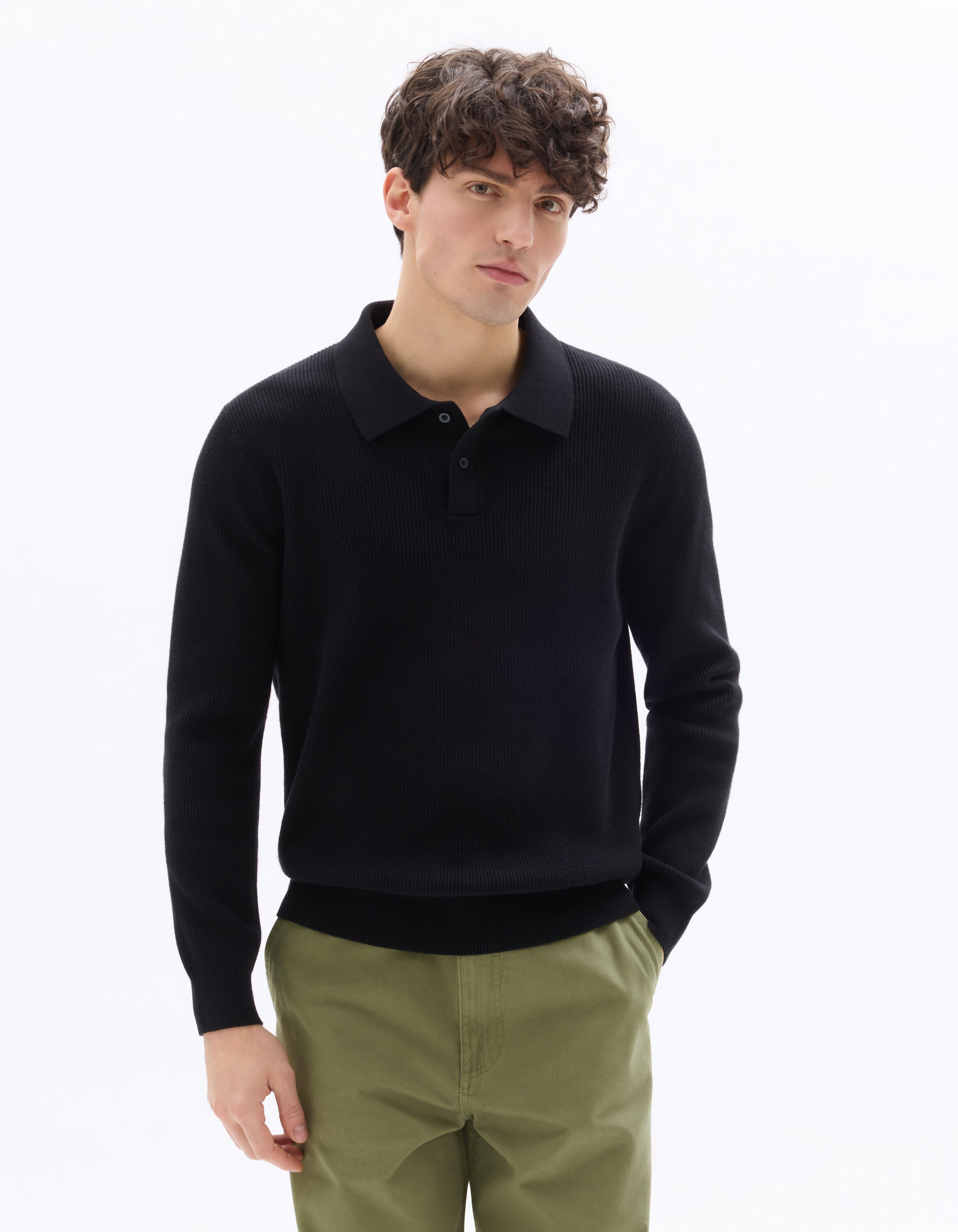 Pull col polo côtelé - noir