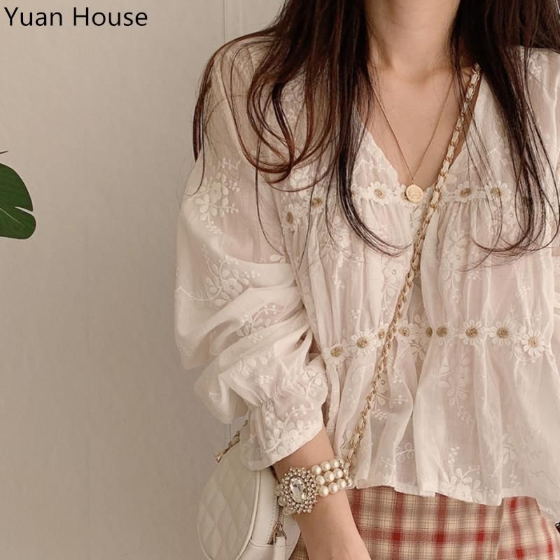Yunhouse - Lange mouwen V-hals effen chiffon blouse / Hoge taille geruite mini A-lijn rok