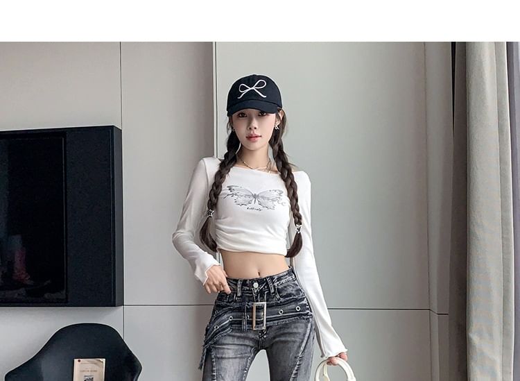 Klevy - Mid Waist Washed Rafled Belted Bell Bottom Jeans