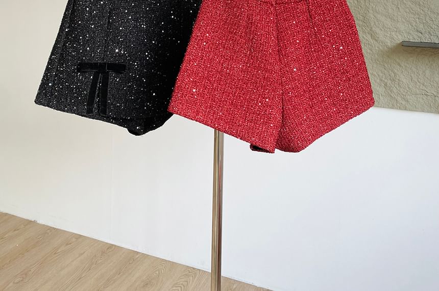DIYI - Hoge taille glitter strik accent tweed shorts