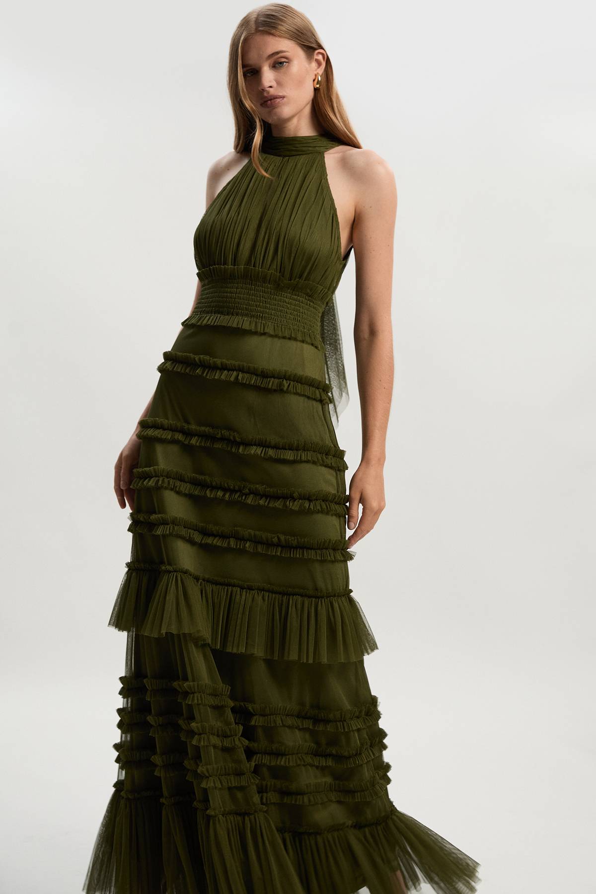 KarenMillen Robe Longue à Col Licou en Tulle à Volants