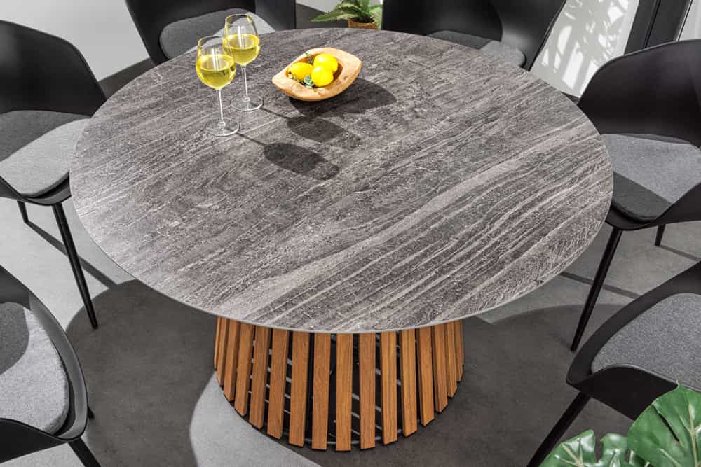Runder Esstisch VALHALLA 115cm Keramik Lamellen-Design Indoor Outdoor