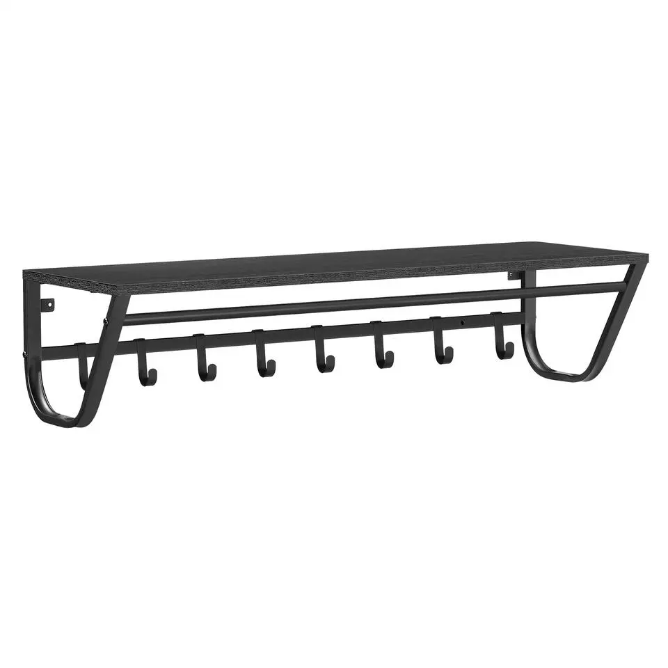 Lange Wandkapstok - 90 cm Lang, 8 Haken, Hoedenplank, Zwart