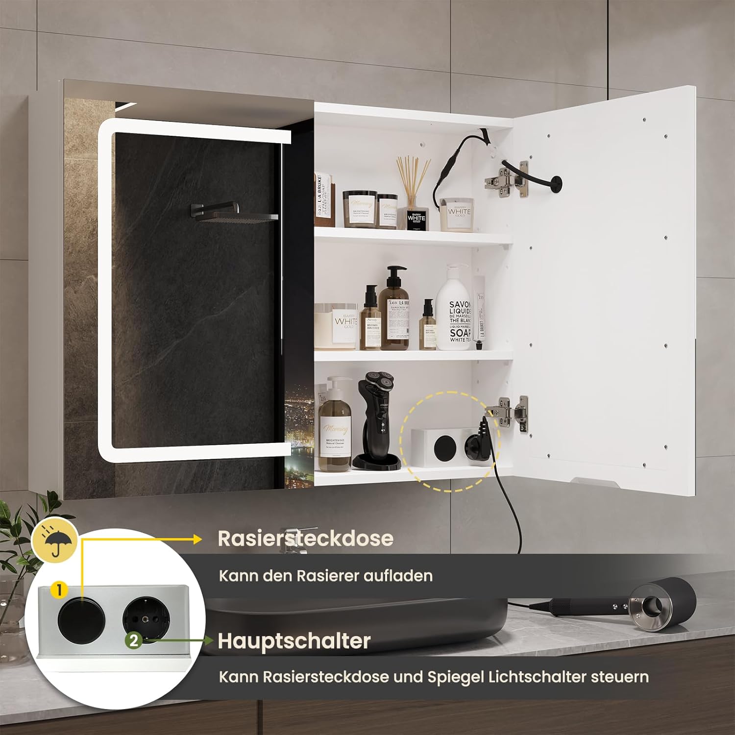 DICTAC Badezimmer spiegelschrank mit Beleuchtung 80x60x16cm Spiegelschrank Bad mit LED und Steckdose 80 cm Breit Doppeltür Badschrank mit Spiegel und Ablage,Hängeschrank,Berührung Sensorschalter,Weiß