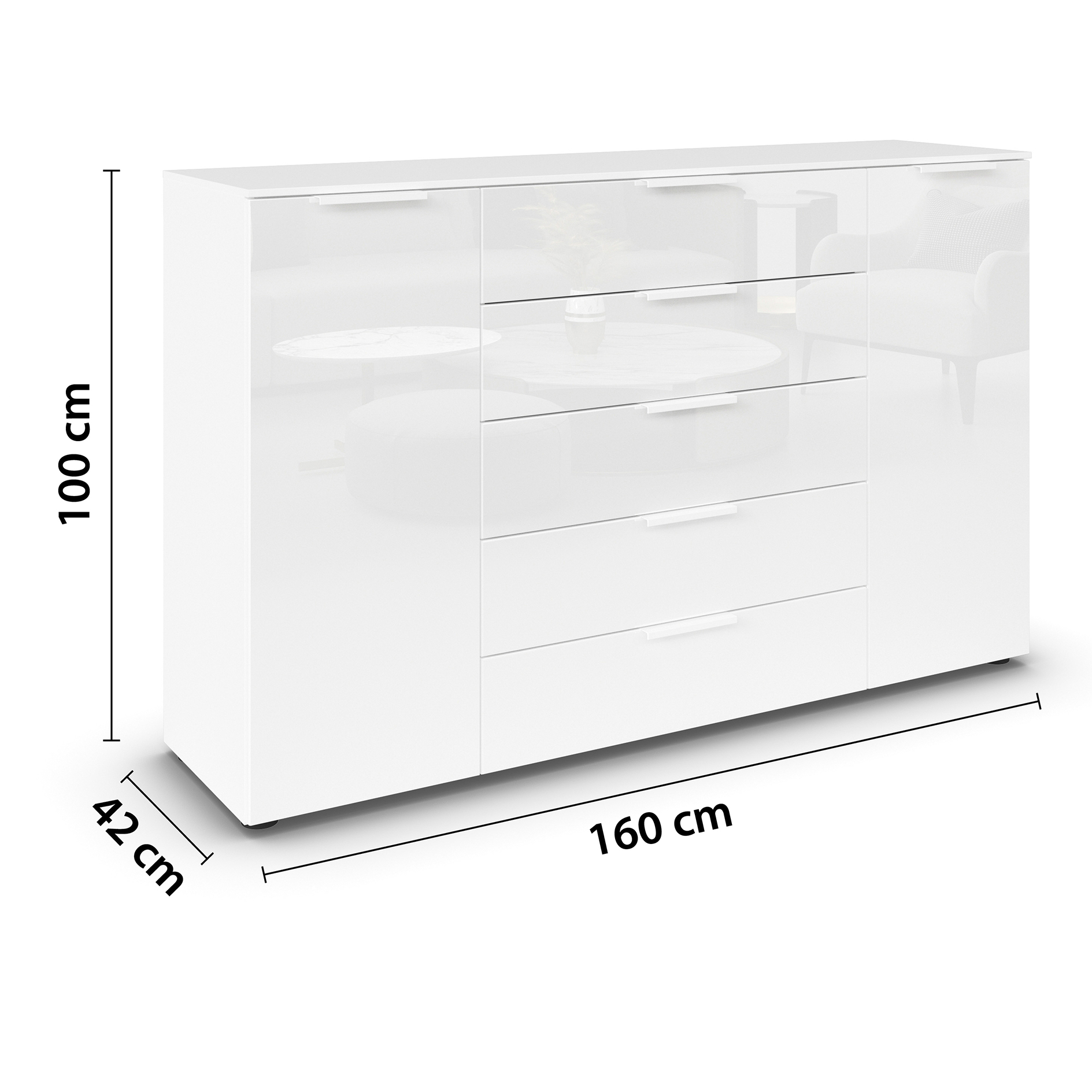 Kommode - alpinweiß-Kristallweißglas - weiße Griffe - 160 cm