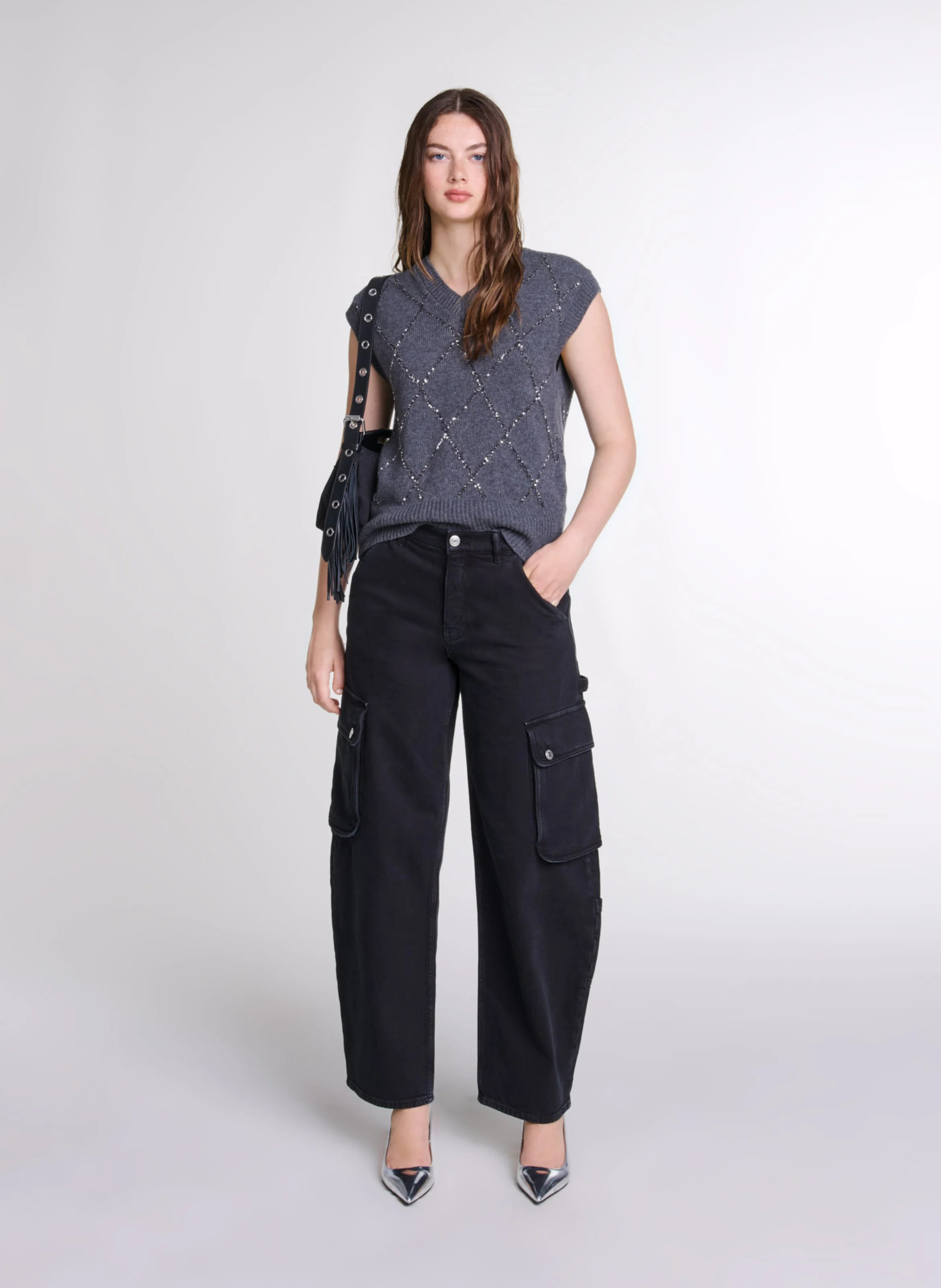 Top col V en laine mélangée | Gris