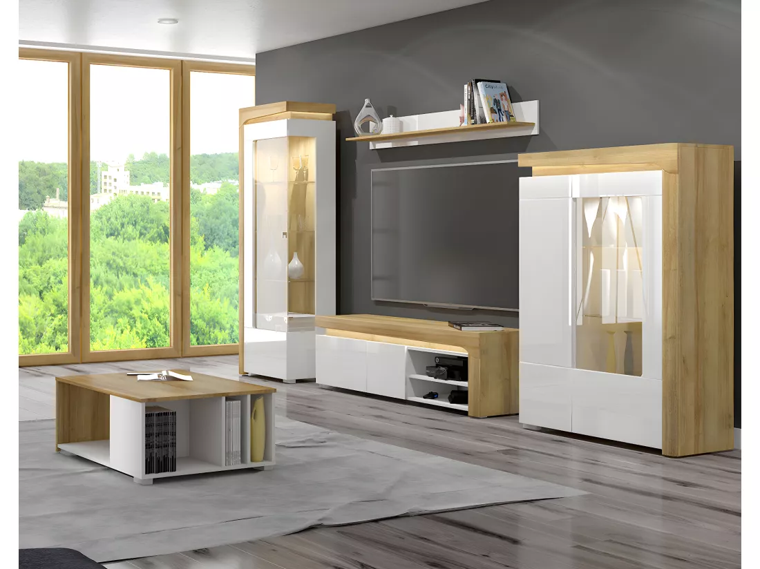 Vaisselier 2 portes droite LED inclus Teo Blanc et Bois