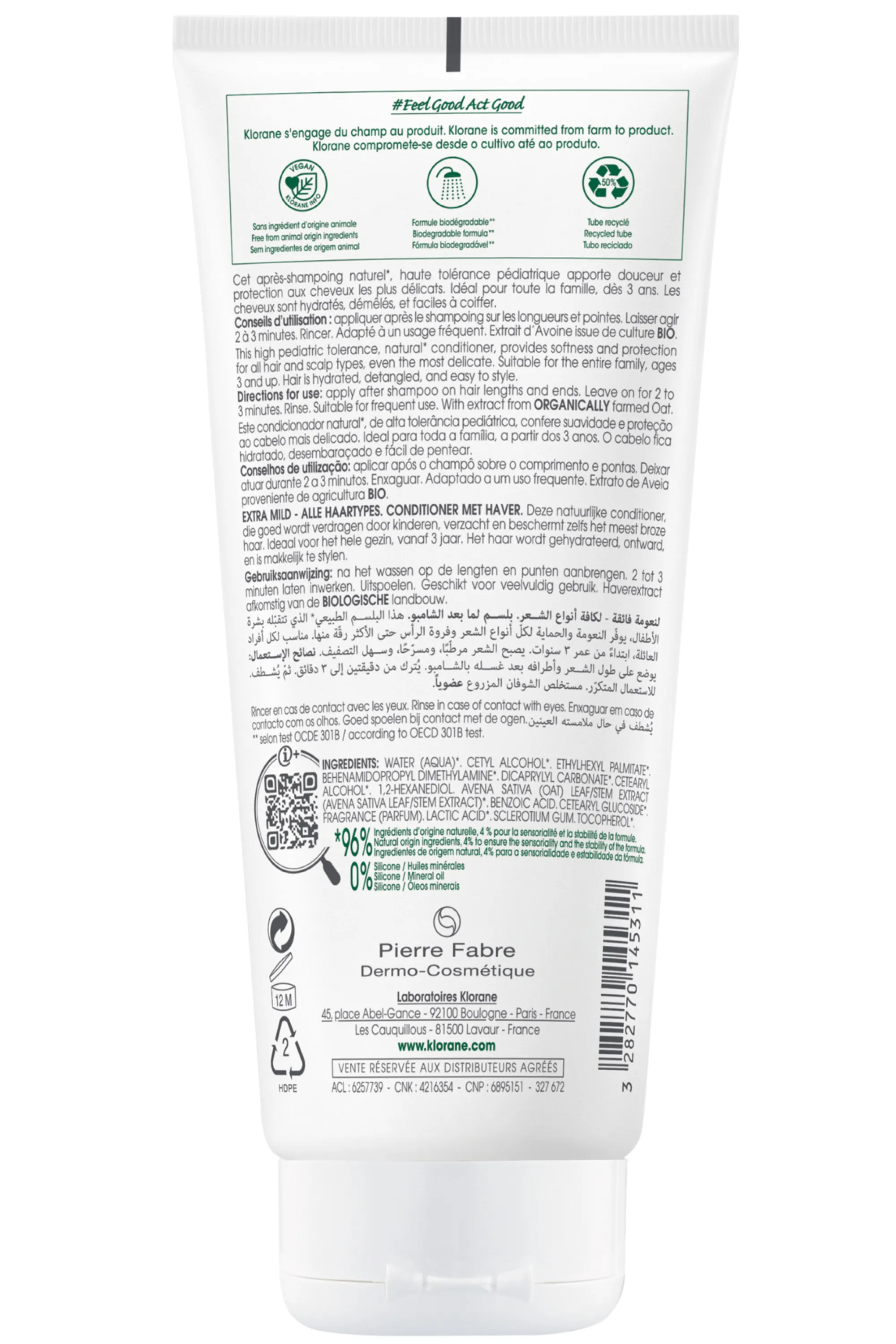 Klorane Après-shampoing extra-doux à l’Avoine pour tous types de cheveux-200 ml