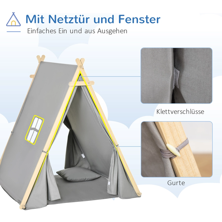 HOMCOM Kinder Tipi Zelt mit Kissen, Bodenmatte und Aufbewahrungstasche grau