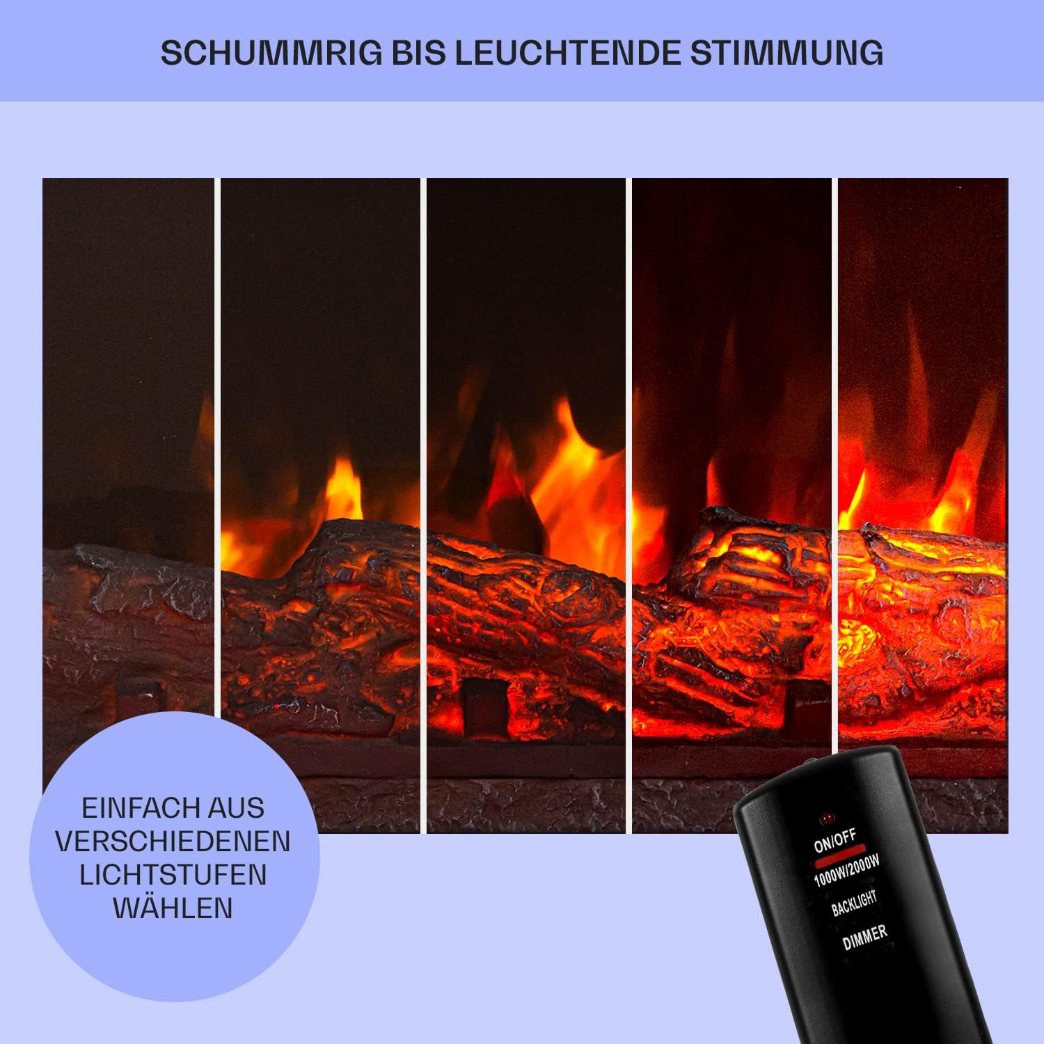 KLARSTEIN Elektrischer Kamin für den Innenbereich, elektrische Heizung mit 2000 W, künstlicher Wandkamin mit Flammeneffekt aus LED, Fernbedienung inklusive, programmierbar, Timer, Thermostat