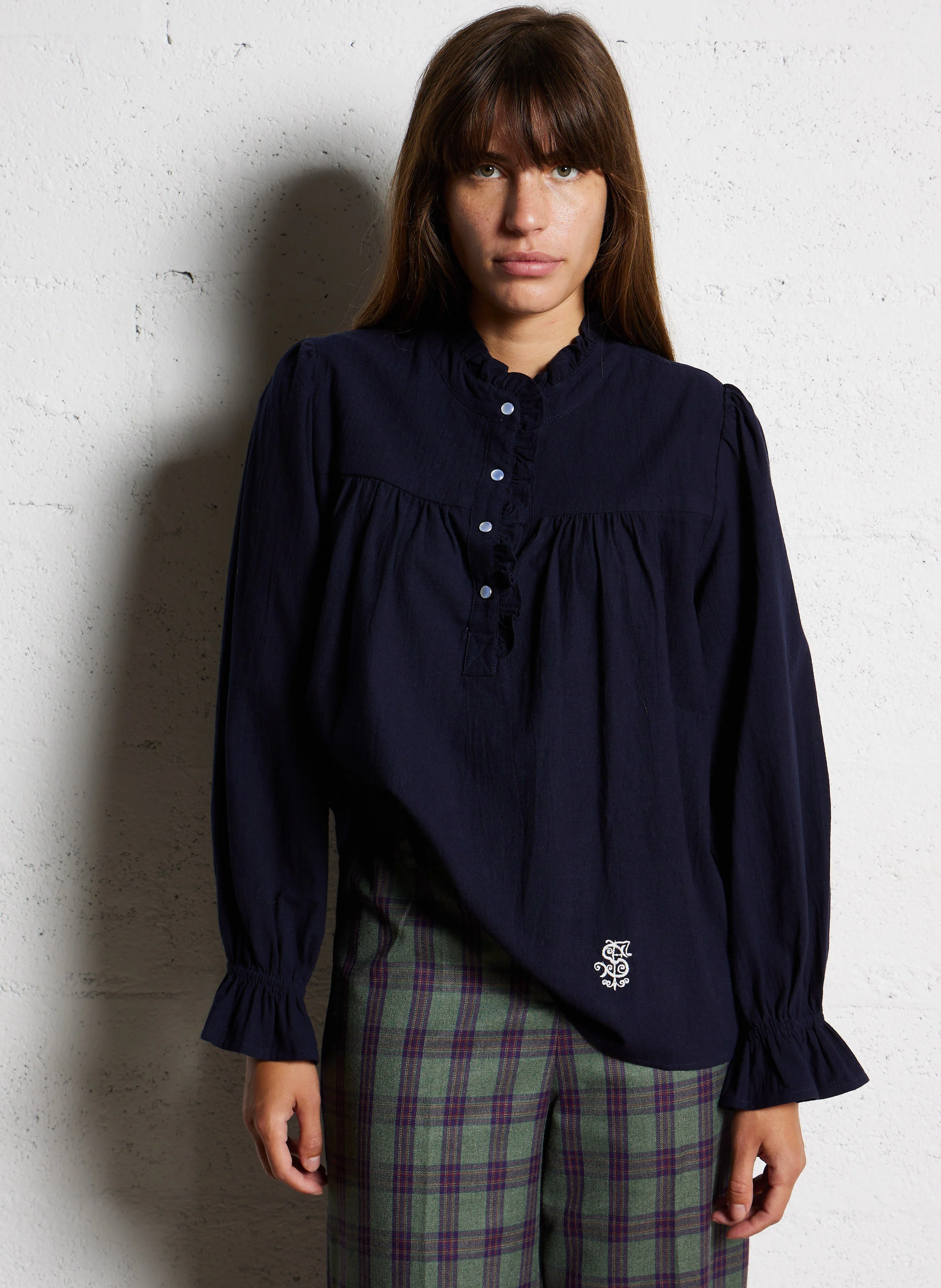 DOUNIA - Blouse col rond droite en coton | Bleu