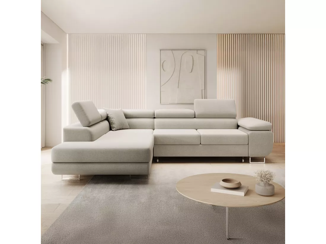 Canapé d'angle gauche convertible Marius tissu Beige