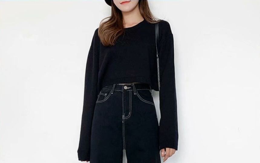 Hanji - Hoge taille contrasterende gestikte losse jeans