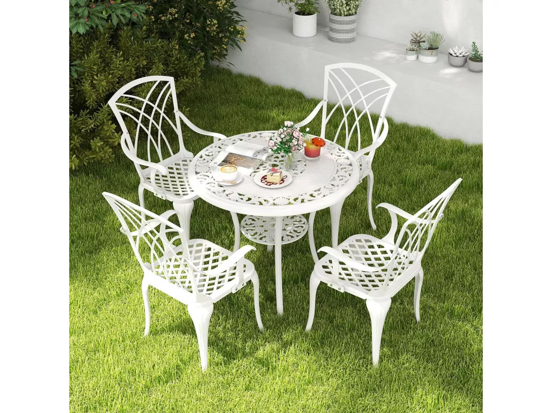 Ensemble Bistrot pour Patio 5 Pièces en Fonte d'Aluminium, Table Ronde avec Trou pour Parasol et 4 Chaises, Salon de Jardin Résistant aux Intempéries pour Jardin Terrasse, Blanc