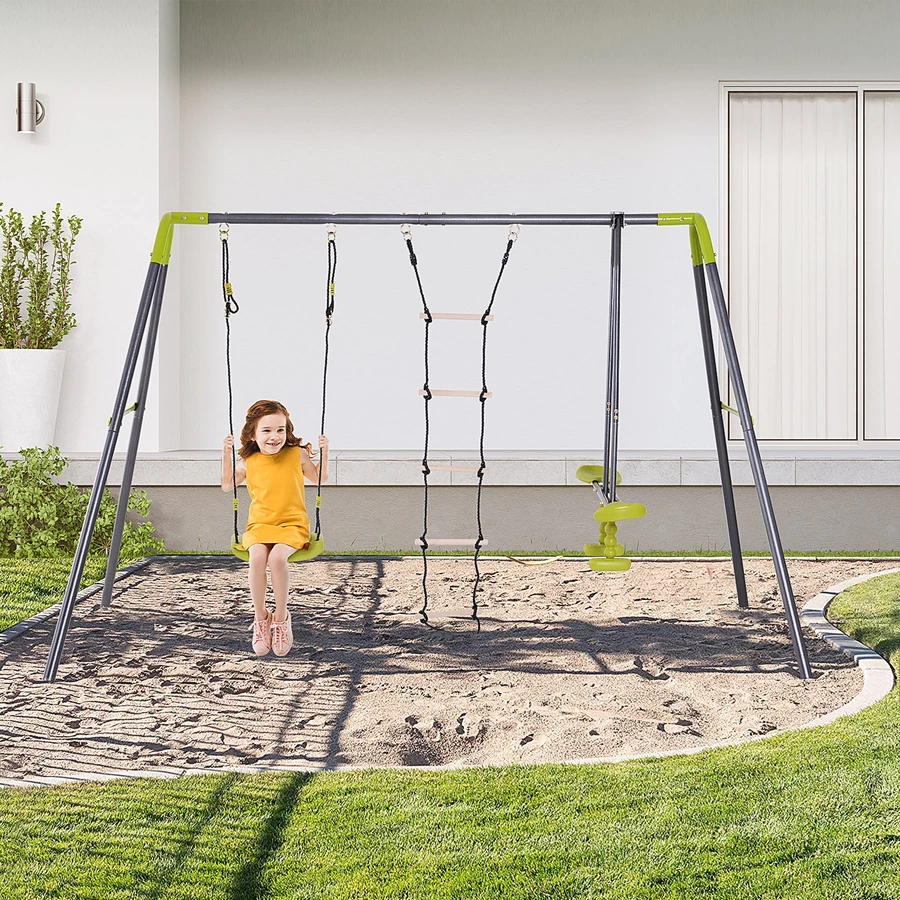 HOMCOM Kinder Gartenschaukel mit Wippe und Seilleiter schwarz, hellgrün