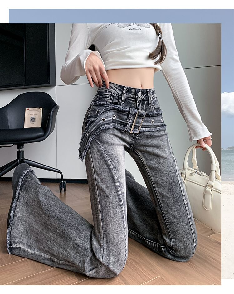 Klevy - Mid Waist Washed Rafled Belted Bell Bottom Jeans