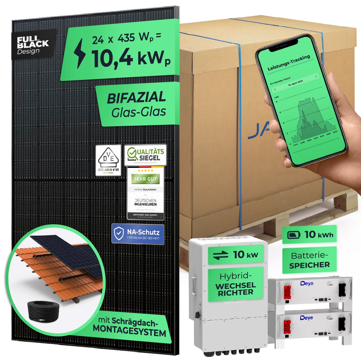 SOLARWAY 10,4kW Solaranlage mit Speicher | Deye 10 kW | Bifazial inkl. Montagesystem, App & WiFi