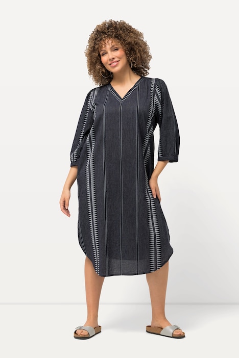 Kaftan, Mustersteifen, Oversiezd, V-Ausschnitt, 3/4-Arm